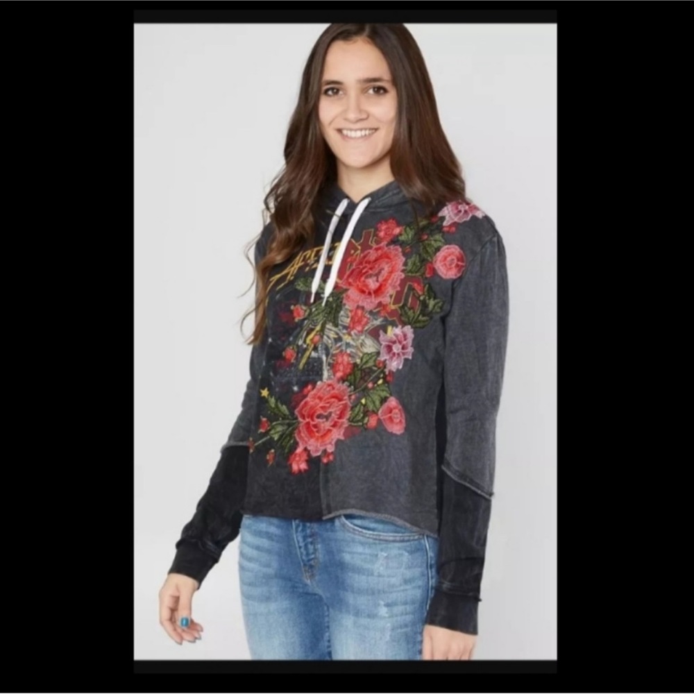 Affliction Women SZ M Cropped Hoodie Long Sleeve Embroidered